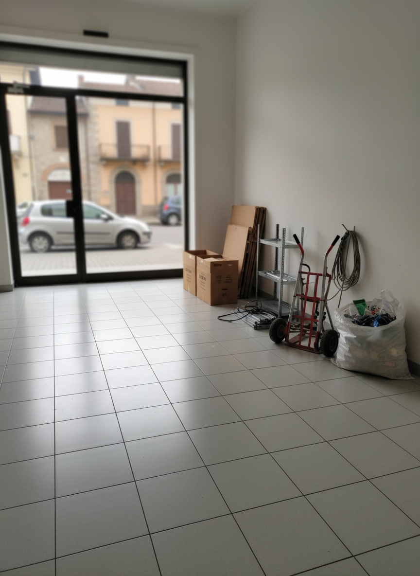 A detailed, realistic photographic scene of a local clearing and sgombero service in a small commercial space in Alba. The focus is on an almost empty room with clean, light-grey tiled flooring and freshly swept surfaces. Against one wall, a cluster of neatly stacked cardboard boxes, disassembled metal shelving, and bundled cables waits beside a compact, modern hand truck and a large, transparent contractor bag filled with sorted debris. Soft overcast daylight filters through a street-facing glass door, casting diffuse reflections on the floor and a gentle glow on the remaining items. Outside, slightly blurred, hints of historic Alba architecture and parked vehicles are visible. The mood is efficient, tidy, and reassuring. Shot from a slightly elevated angle with sharp focus throughout, the composition underscores the transformation from cluttered to orderly space.