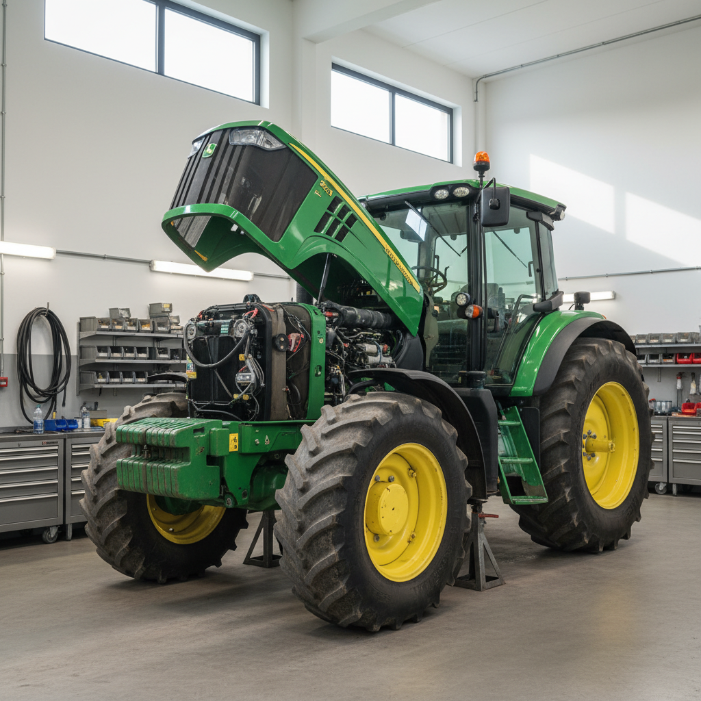 A clean, well-organized workshop for agricultural machinery maintenance in Alba, Italy, captured in photographic realism. In the foreground, a large green tractor with slightly worn tires is lifted on sturdy metal supports, its engine compartment open to reveal detailed components and wiring. Around it, neatly arranged tool cabinets, coiled hoses, and labeled storage bins line the white-painted walls. Soft daylight enters through high side windows, creating gentle reflections on metal surfaces and subtle shadows on the smooth concrete floor. The mood is professional, reliable, and orderly. Shot at eye level with a wide-angle lens, the composition follows the rule of thirds, keeping the tractor as the main focal point while the depth of field stays sharp throughout to showcase the tidy, efficient workspace.