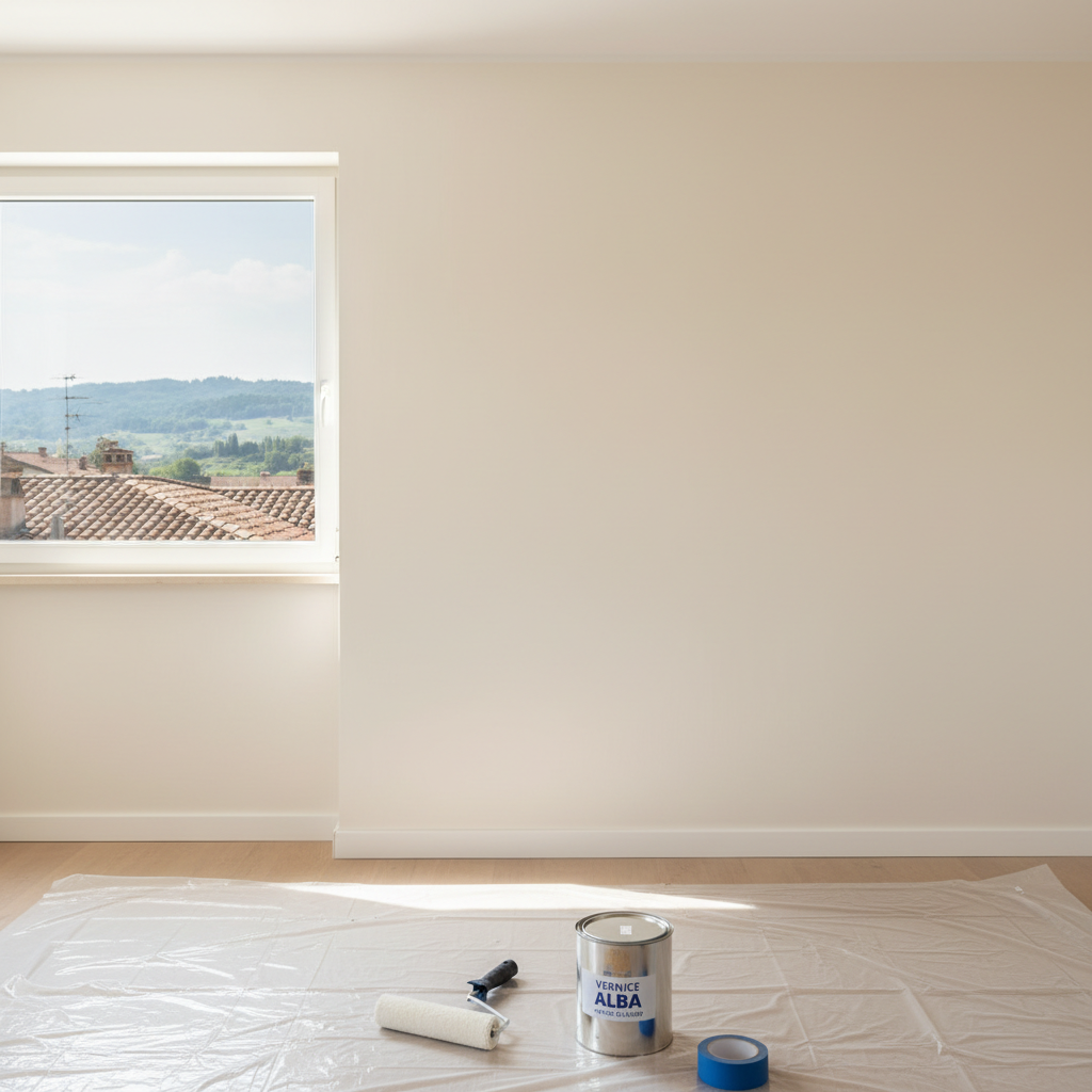A bright, photographic realism interior showing a freshly painted living room in a home near Alba after professional tinteggiatura. The central focus is a smooth, perfectly painted light ivory wall with clean edges around a modern window revealing a soft, out-of-focus glimpse of tiled roofs and distant hills. In the foreground, a pristine paint roller with just a hint of matching paint rests on a covered floor, alongside a neatly closed paint can and blue masking tape. Natural midday light streams through the window, creating soft, even illumination and gentle shadows at the baseboards. The mood is fresh, orderly, and rejuvenated. Captured at eye level with a moderate depth of field, the composition feels spacious and airy, highlighting the quality of the finish and the care taken to protect the surroundings during work.