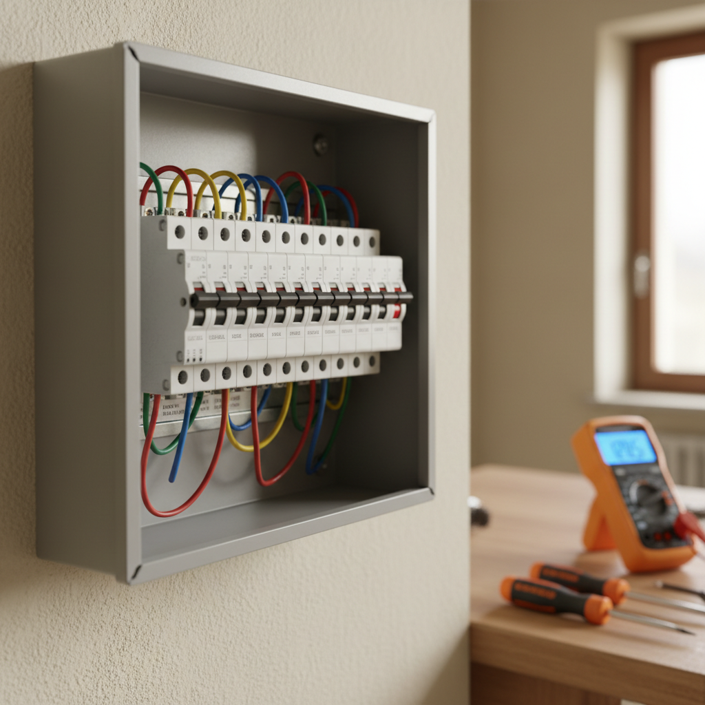 A close-up, photographic realism view of a junction box and electrical panel undergoing ordinary maintenance in a residential setting near Alba. The subject is a meticulously organized grey metal panel mounted on a lightly textured white wall, with color-coded cables, pristine circuit breakers, and neatly labeled switches visible inside. Insulated tools rest on a nearby wooden work surface, alongside a digital multimeter with a softly glowing display. Natural diffused light from an unseen window illuminates the scene, creating soft highlights on plastic and metal parts without harsh shadows. The mood is calm, precise, and trustworthy. Captured from a slightly angled, waist-level perspective with shallow depth of field, the background fades into a gentle blur of neutral-toned interior, emphasizing the clarity and safety of the electrical installation.