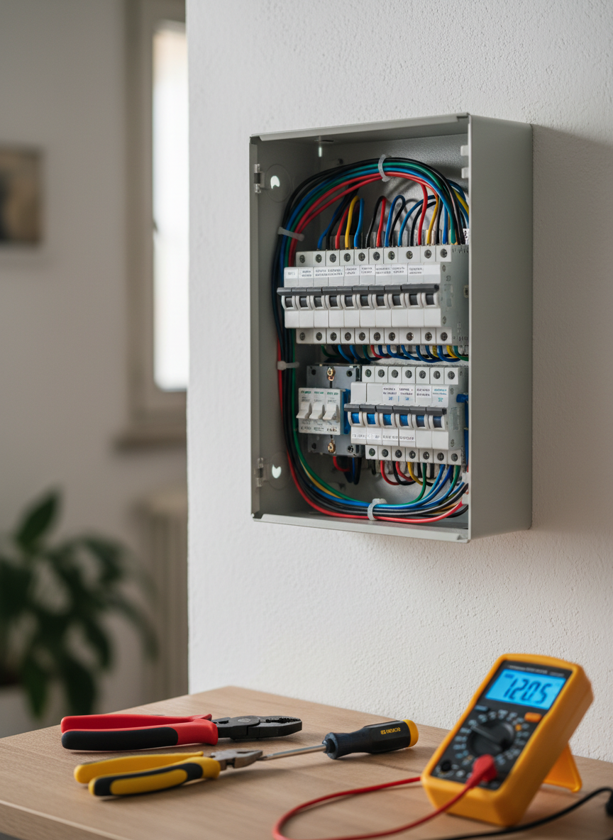 A close-up, photographic realism view of a junction box and electrical panel undergoing ordinary maintenance in a residential setting near Alba. The subject is a meticulously organized grey metal panel mounted on a lightly textured white wall, with color-coded cables, pristine circuit breakers, and neatly labeled switches visible inside. Insulated tools rest on a nearby wooden work surface, alongside a digital multimeter with a softly glowing display. Natural diffused light from an unseen window illuminates the scene, creating soft highlights on plastic and metal parts without harsh shadows. The mood is calm, precise, and trustworthy. Captured from a slightly angled, waist-level perspective with shallow depth of field, the background fades into a gentle blur of neutral-toned interior, emphasizing the clarity and safety of the electrical installation.