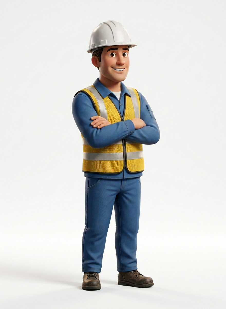 Animated style illustration of a male construction/maintenance worker wearing a blue work uniform and helmet, friendly pose, facing right, transparent or clean white background, flat modern vector illustration style, suitable for a hero section
